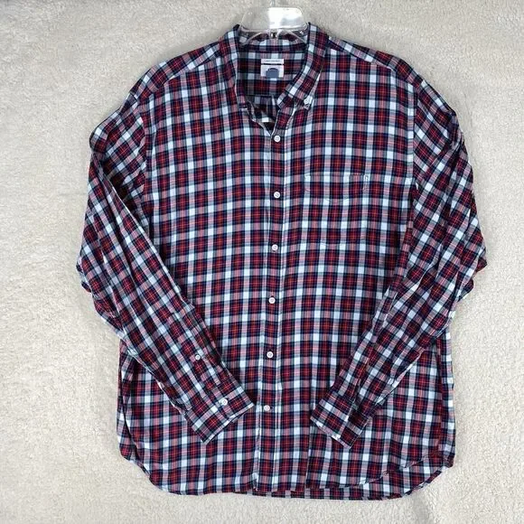 Old Navy Button Down Shirt Men XXL Red White Navy Blue Excellent Slim Fit Plaid - Picture 1 of 13